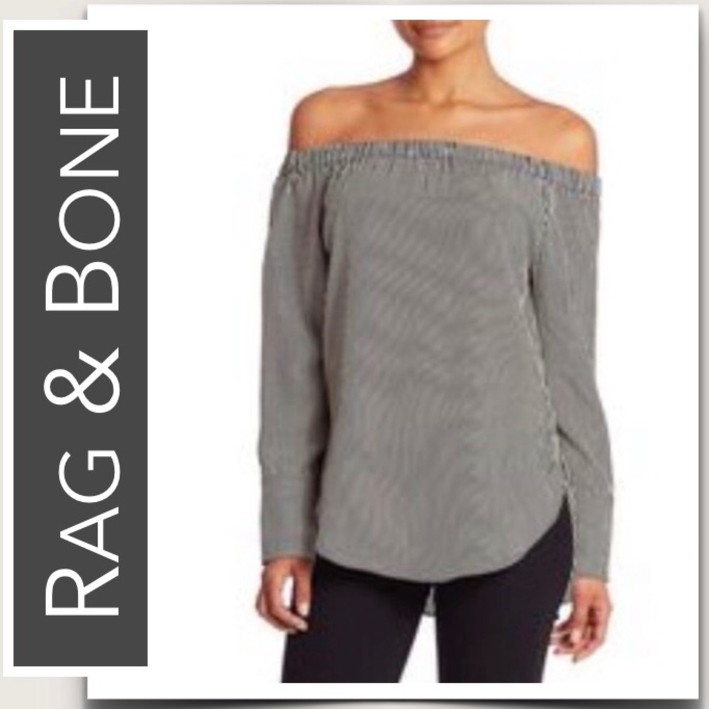 Rag‎ & Bone Silk “Greta” Blouse in Black & White, Thin-Stripes, Off-the-Shoulder